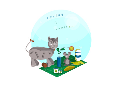 Cat and mouse at picnic animal blue carpet cat color drink food friend green holiday love mouse outdoors outing picnic spring sunflower vase vector yellow