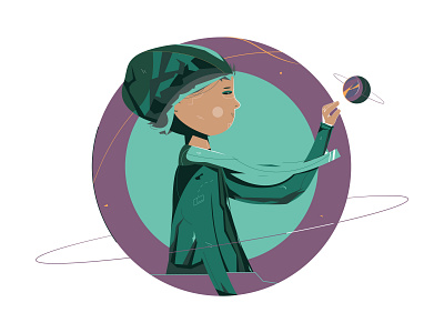 Just a boy in green nearby a small planet abstract background boy cartoon concept cosmic green green color hand hat illustration kid new world person planet research scarf space vector