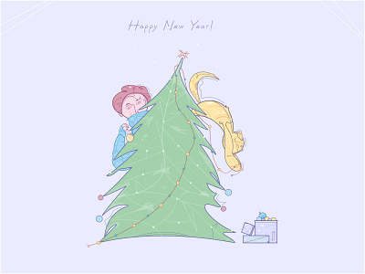Funny New Year greeting card abstract animal card celebration christmas christmas ball christmas tree decoration funny garland holiday illustration man new year person simple snow stripes vector winter