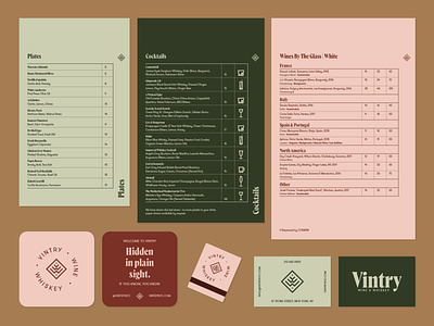 Vintry Wine & Whiskey branding business cards coasters cocktail menu crown creative food menu illlustrations menu design wine menu