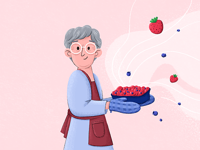 Grandma's Kitchen 1/3 animation apron blueberries blueberry design elderly glasses grandma grandmother illustration ipadpro mittens procreate strawberries strawberry swirl
