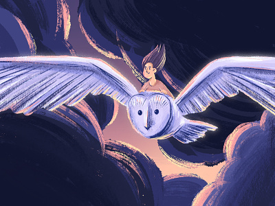 Spirit - Inktober #6 clouds flying girl illustration inktober inktober 2021 ipadpro light owl pencil procreate spirit spirit animal sunset