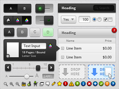 UI Kit Sample (3D) buttons caption drop zone form elements iconography icons label list view module options photoshop search slider toggle tool tip ui vector
