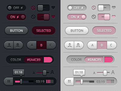 Toggles, Buttons and Sliders UI (Baby Pink) buttons color picker freebie iconography icons media player photoshop psd sliders swatch toggles tool tip ui vector