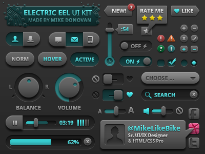 UI Kit (Electric Eel) buttons earch form elements iconography icons label media player photoshop profile psd rating sliders toggles tool tip ui vector volume