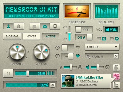 UI Kit Freebie (Newsroom) tool tip media player iconography icons sliders toggles buttons photoshop vector ui profile label earch form elements volume equalizer knobs digital psd search