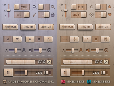 Toggles, Buttons and Sliders UI (Wooden) buttons equalizer freebie iconography icons media player photoshop progress psd sliders toggles ui vector volume wood wooden