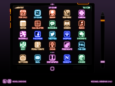iPad & Stylus Retro Electronica UI 8 bit apple buttons electronic glow homescreen iconography icons ios ipad led legacy neon photoshop stylus switches toggles ui vector