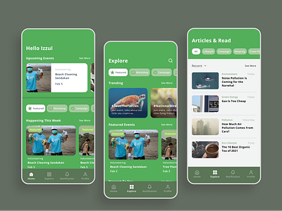 Hijau - Environmental Volunteering App branding eco friendly app environmental homepage mobile app ui design volunteering app