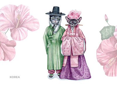 Wedding traditional costume | Korea wedding animal animation cat design draw illustration korea pet pets watercolor watercolor art wedding