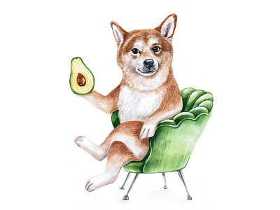 柴犬 animal art avocado cute dog dogs draw food fruit fun funny illustration pet pets puppy shibainu watercolor watercolor art