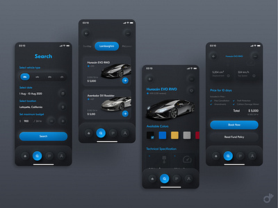 Vehicle Rental App app design car rental app dark mode minimalist neumorphic design neumorphism rental app simple