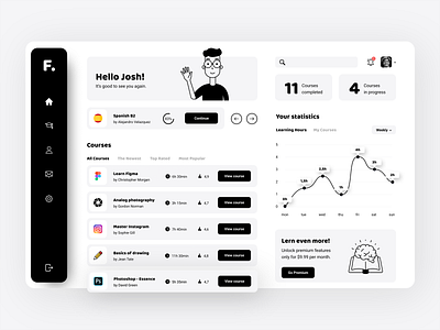 FREE - Online Courses Dashboard black black and white courses dashboard education figma free freebie grey illustration ios learning linear minimalistic online courses platform simple ui ux