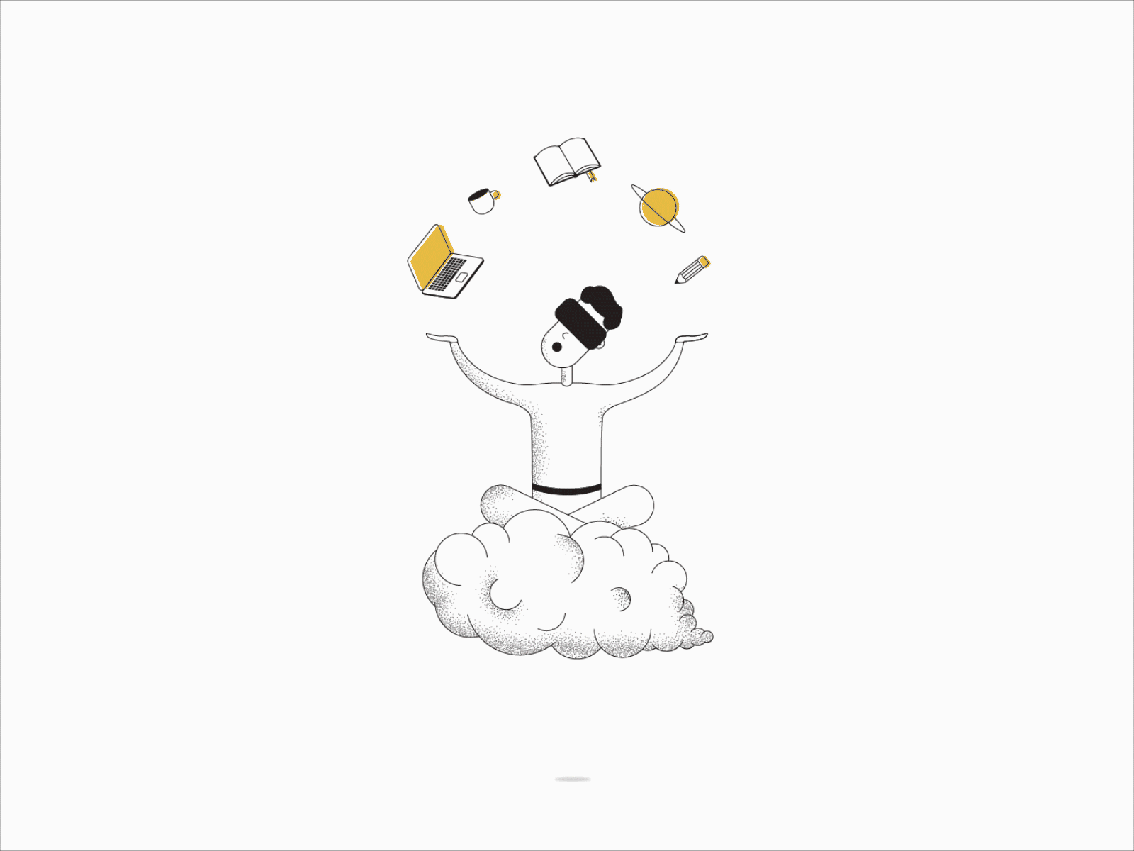 Animation - A guy on a cloud animation animation 2d black booking cloud coffee drawing floating fly flying illustration linear motion mug pen planet simple space virtual reality vr