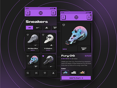 90s Sneaker Store App Design 90s app contrast ecommerce listing mobile product card purple shoes shop sneakers streetwear ux ui vibrant