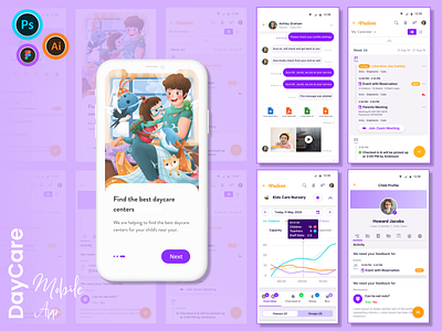 DayCare Mobile App app development baby care babysitter daycare childcare centers childcare services daycare design graphic design illustration logo mobile screens nanny agency newborn daycare uiux weecare daycare weekend daycare