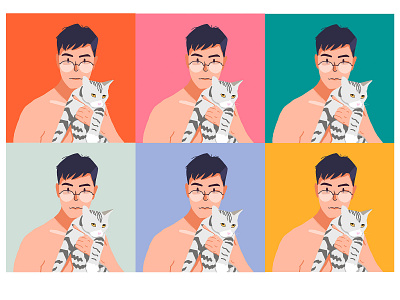 The man and his cat color illustration logo people pet photoshop