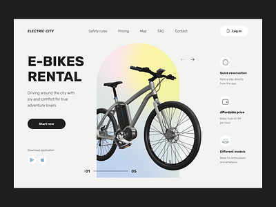 Bike rental website bicycle bike design desktop first screen landing minimal rent ui website