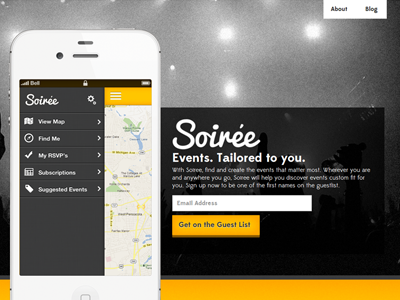 Soirée App app button events form ios iphone landing page map mobile signup site soirée web