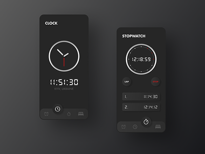 Smart iClock App concept alarm app clock dark dark theme design figma ios minimal mobile neumorphic neumorphism stopwatch time ui ux watches