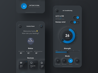 Smart home air conditioning application china control panel dark mode dashboard design devices glow icons interface ios mobile night mode remote control smart home ui ux