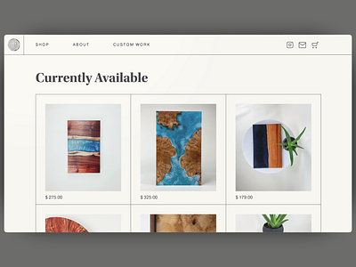 Products Page | Elwood Design Co. adobe xd branding buy now cutting board e commerce website epoxy grid layout hover effect hover state photography product grid product page serif font shopify ui ui design ux ux design webflow woodworking