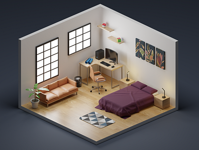 Modern Bedroom Office 3d illustration