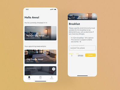 App for hotels. Ordering breakfast to bed amenities breakfast design features hotel hotel app mobile app room service app services ui ux yellow