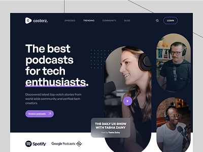 Casterz - Podcast Website audio conversation homepage inspiration interview landing page listening live live streaming music podcast podcasting podcasts sharing stories streaming ui uiux ux website