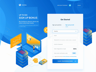 Coincola homepage - animated bitcoin crypto currency homepage illustration isometric landing page ui ux web design