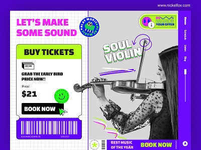Music Concert Ticket 🎧 branding clean design event graphic design interface music retro sound stickers ticket typography ui ux vector voilin website