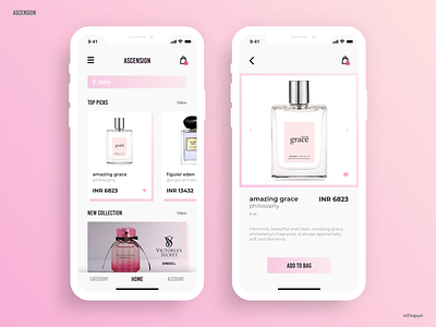 Ascension - Feminine Perfumes App adobexd app concept design female feminine flat ios perfume ui