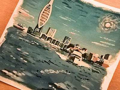 Portsmouth & The Spinnaker Tower art artist building design drawing gouache illustration landscape painting sailing sea watercolour