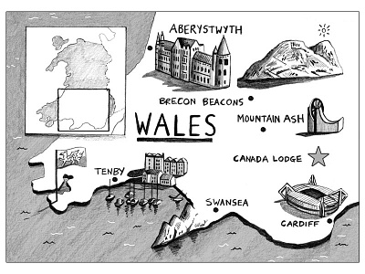 Illustrated Map of Wales art artist design drawing gouache illustration illustrator landscape map painting wales watercolour