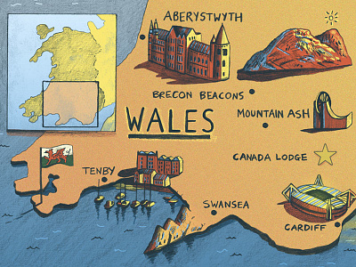 Illustrated Map Of Wales art artist design digital drawing illustrated map illustrated type illustration illustrator landscape map map icon map illustration painting pencil photoshop sketchbook type typography watercolour