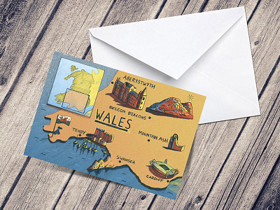 Wales Illustrated Map A5 Greetings Card, With Envelope art artist card design design digital drawing fine arts greetings greetings card illustration illustrator landscape painting pencil photoshop sketching type united kingdom vector wales