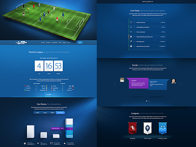Fantasy Soccer landing page blue charts computer game count down countdown feed flags football game ios ios game landing page leagues light live points responsive rwd shadows shields soccer social sports stats teams video game web design