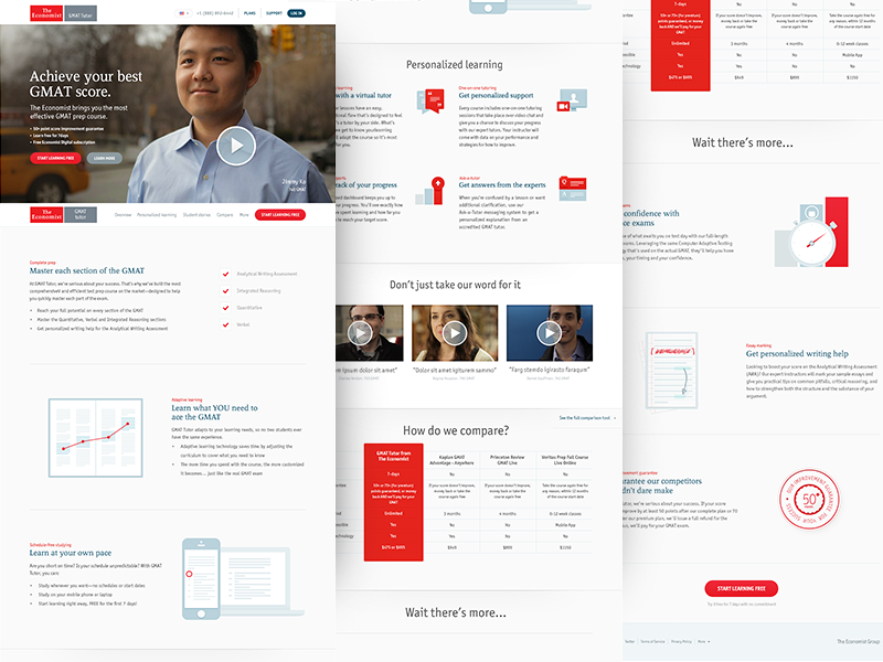 Economist landing page learning play video illustration red white simple clean flat economist teaching chart animation clock table icons essay phone computer score responsive landing page check mark long scrolling education web design web app product design