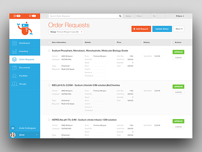 Quartzy - Order Requests add approve dashboard facilities groups inventory invite product design requests robot search status