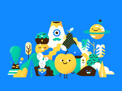 Ueno Rebranding : Happy Town apple branding moon mountain mustache patswerk planet trees ueno volcano