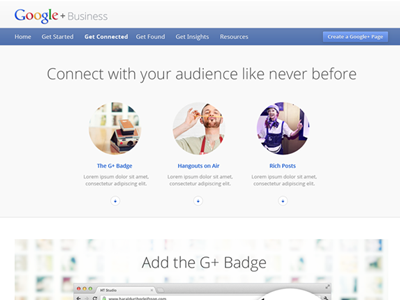 Google+ Business badge business circles clean g google jump menu landing plus web design white