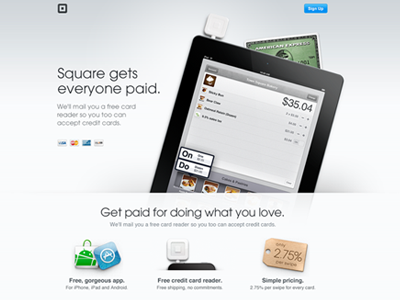 Square gets everyone paid app card cards landing page layout minimal payment pos square visa web site