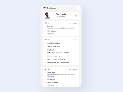 Daily UI 079 Itinerary android app design app ui app ui ux daily ui daily ui 079 dailyui079 design holiday travel itinerary mobile ui travel app travel design trip planner ui design ui ux design uiux