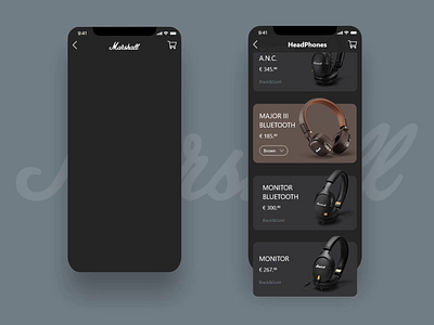 Marshall headphones app UI adobexd after effect animate animation clear design headphones marshall motion slider ui