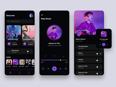 Music App Exploration app dark mode design mobile mobile app mobiledesign music purple ui ui ux ui design uidesign uiux ux web website