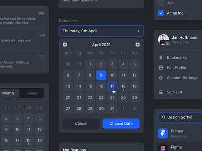 Dark UI Elements, Dropdowns & Calendar app button calendar checkbox dark mode dark ui date picker design dropdown dropdowns elements input menu notifications product design search tabs ui user interface