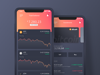 Cryptocurrency Wallet - Dashboard and Investments app bitcoin card crypto cryptocurrency dashboard diagram finance mobile user interface ux wallet