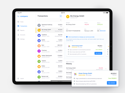 iPad Banking App – Price comparison activity app assistant banking butler check dashboard expenses feed finance fintech history insurtech ipad price recommendation tablet transactions ui user interface