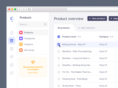 Ecommerce Table Exploration button checkbox dashboard ecommerce finance learn more menu navigation premium feature product design products shop table ui user interface ux