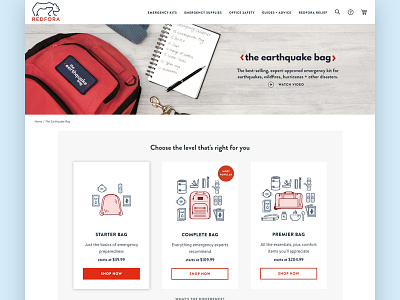 Redfora Earthquake Bag Levels backpack branding design earthquake bag ecommerce emergency graphic design iconography icons illustration kits levels redfora shopify shopping tiers web design website